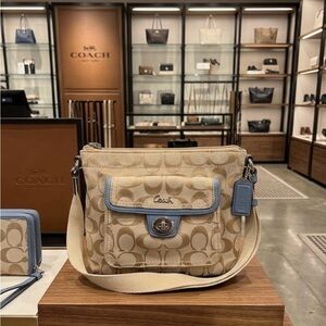 Coach Beige Signature Canvas Crossbody with Light Blue Trim